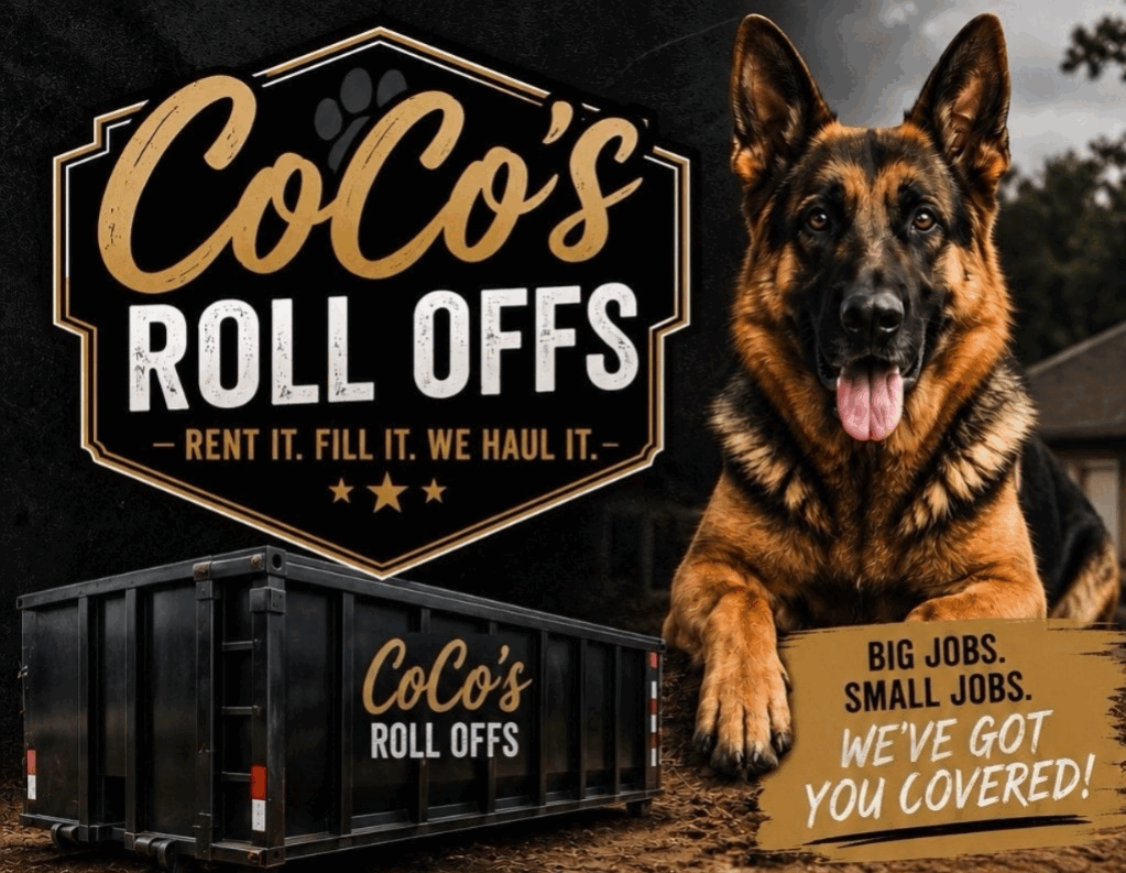 CoCo's Roll Offs — German Shepherd mascot beside a black roll-off dumpster